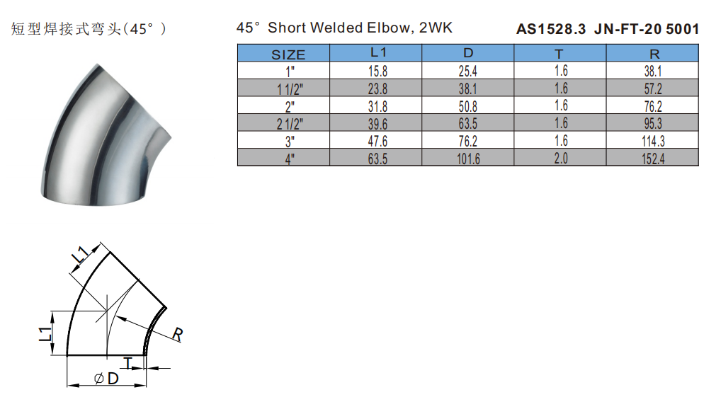 短型焊接式弯头45度尺寸表
