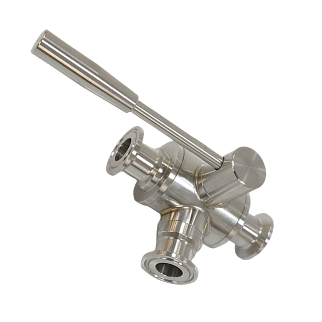 Válvula de control de bola de 3 vías de triple abrazadera aséptica de acero inoxidable con palanca de acero manual 